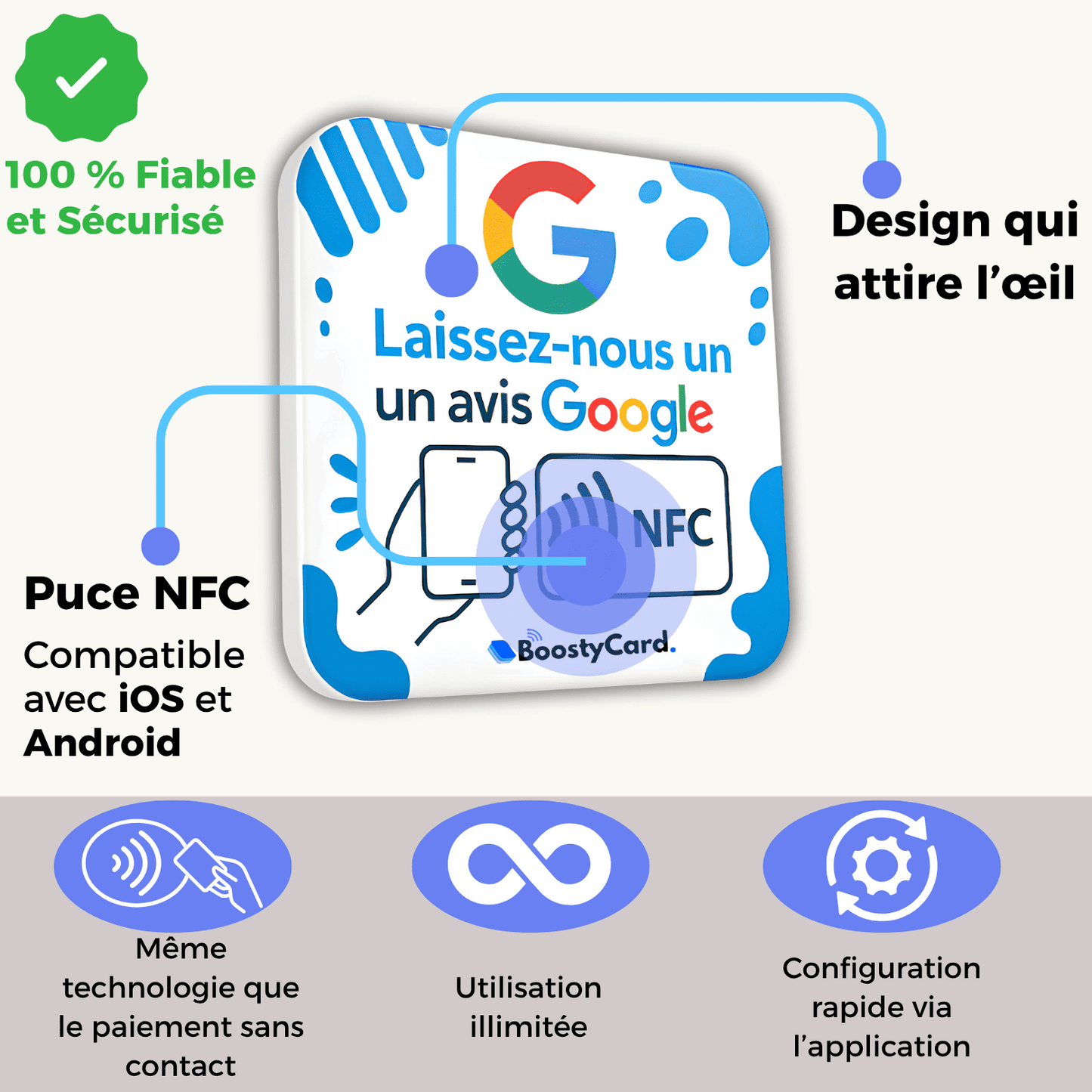 Design de la plaque avis Google NFC qui attire l’œil, avec une configuration simple et rapide et une utilisation illimitée. 100% fiabe et sécurisé