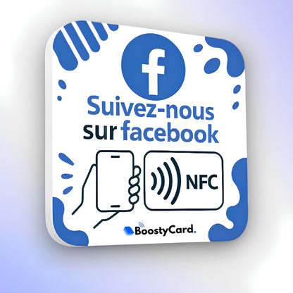 Plaque NFC Facebook avec logo Facebook, smartphone et logo NFC, idéale pour inciter les clients à s'abonner à vos réseaux sociaux via BoostyCard